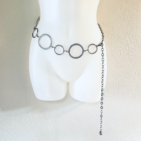 Aged silvertone, vintage clear bling circle chain adjustable hip belt main image 5